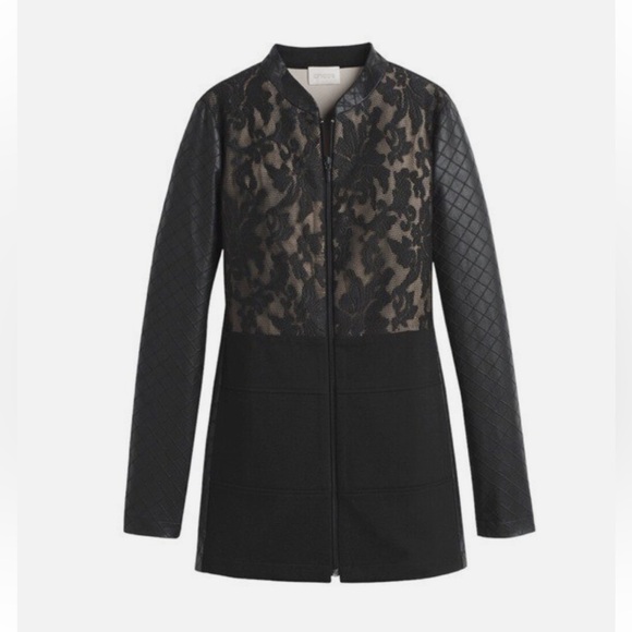 CHICO’S LACE DIAMOND FAUX LEATHER JACKET - Picture 2 of 12